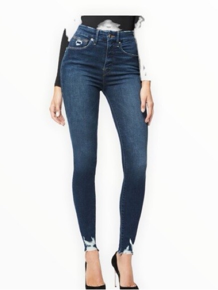 Good American Good Waist High-Rise Dark Blue Skinny Jeans With Distressed Hem